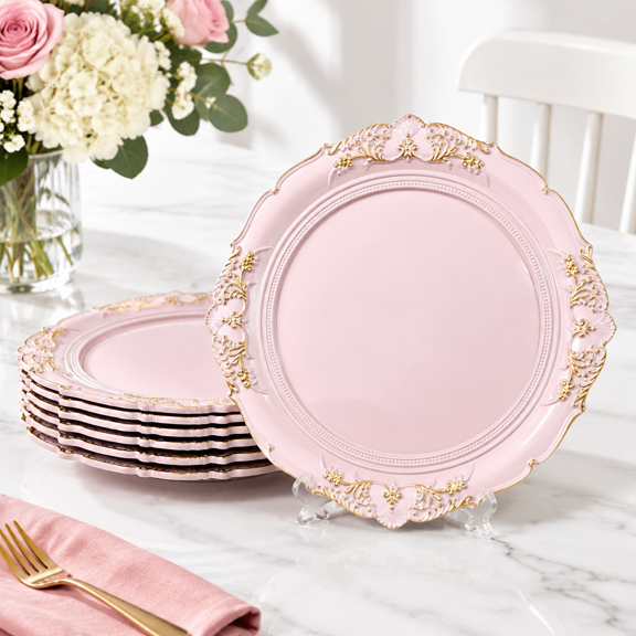 Pink 13 Inch Plastic Embossed Plates, Set of 6 for Dinner Parties
