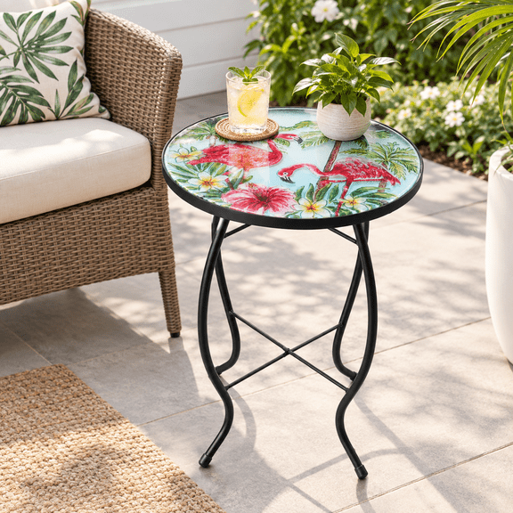 Pink 14 Inch Outdoor Bistro Side Table Glass Top Accent Table