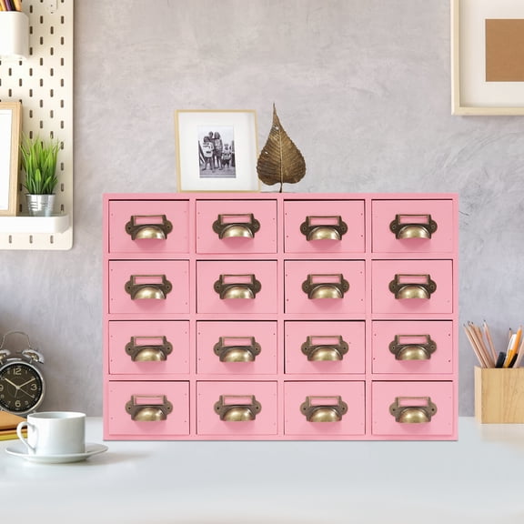 Pink 16 Drawer 22.05lbs Drawers Storage Cabinet, Wooden Medicine Cabinet, Desktop Drawer Organizer