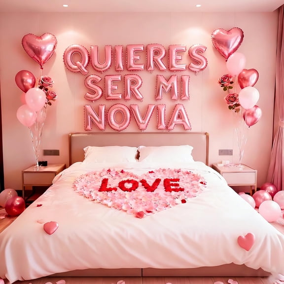 Pink 16 Inch Quieres Ser Mi Novia Balloons - 18 Inch Heart Balloons Alphabet Foil Mylar Balloons with 1200 Pcs Artificial Rose Petals for Valentines Day Decorations