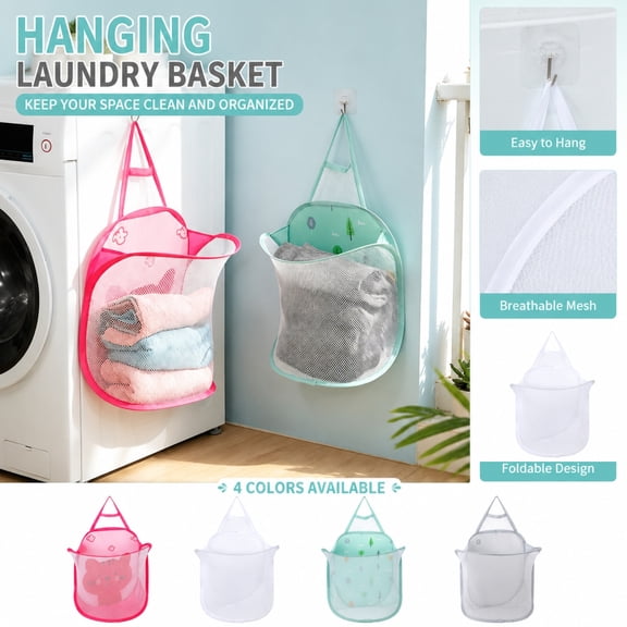 Pink 16X12X7 Inch Bathroom Organization, Hanging Shower Caddy, Shower Hanging Organizer, Collapsible Storage Basket, Wall Attachable Large Volume Mesh Laundry Basket for Soiled