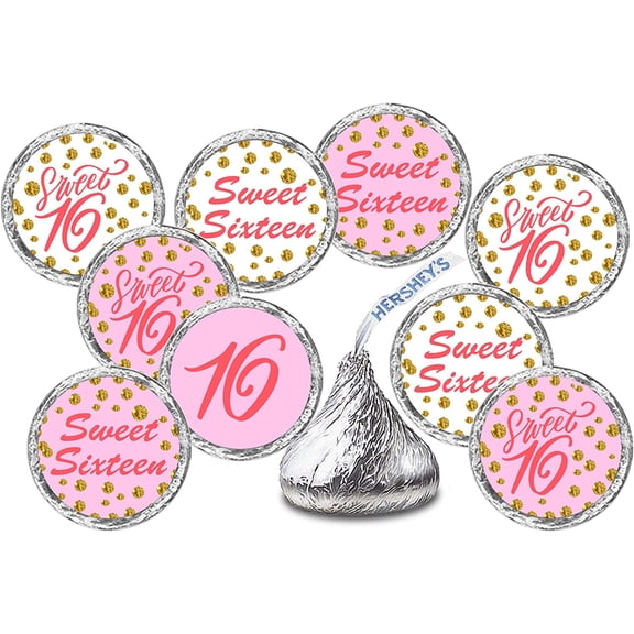 Pink 16th Birthday Kisses Stickers, (Set of 216), Sweet 16 Chocolate Drops Labels Stickers Party Favors Decor For Kisses