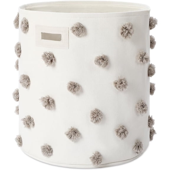 Pink 17.5" D x 20.8" H Pom Pom Laundry Hamper Basket, Large Cotton Canvas Storage Bin for Baby Nursery, Playroom, and Home Organization Decor