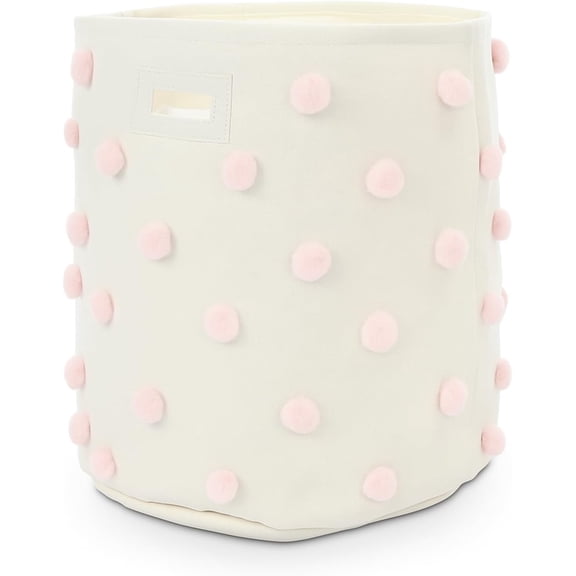 Pink 17.5" D x 20.8" H Pom Pom Laundry Hamper Basket, Large Cotton Canvas Storage Bin for Baby Nursery, Playroom, and Home Organization Decor