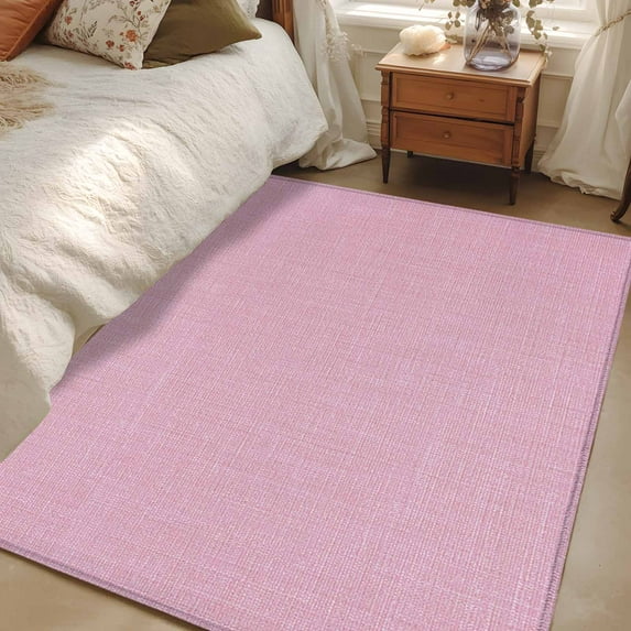 Pink 2.7x5 Area Rugs, Farmhouse Burlap Solid Pink Color Modern Linen Texture Non-Skid Rubber Backing Large Rectangle Rugs - Living Room Bedroom Home Office, Indoor Floor Mat Carpets Washable Rug
