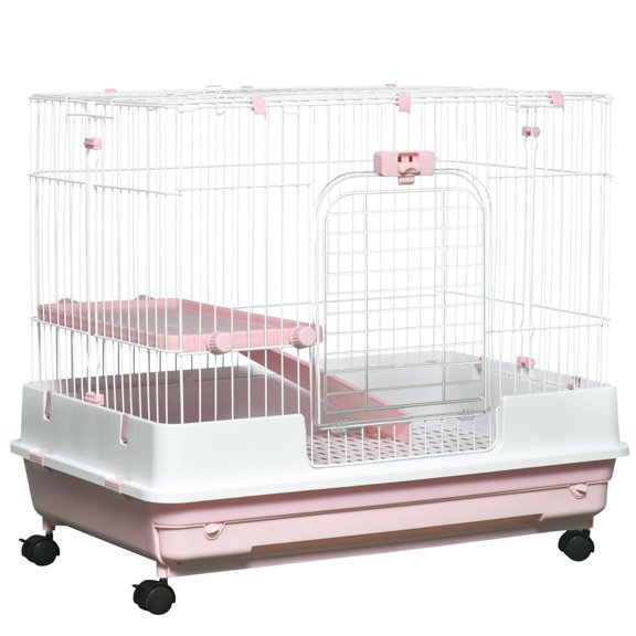 Pink 2-Level Small Animal Cage for Rabbits, Chinchillas, Guinea Pigs with Wheels, Removable Tray, Ramp - 32L x 20.8W x 26H Inches, Iron and Plastic