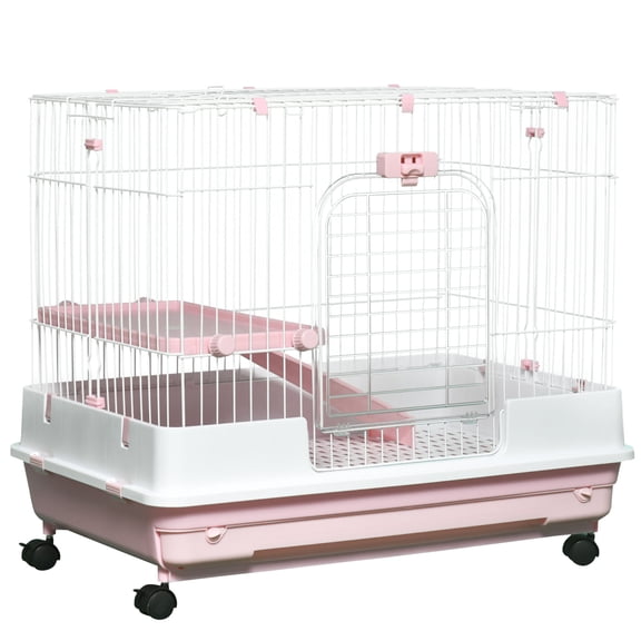 Pink 2-Level Small Animal Cage with Wheels, Rabbit Hutch for Bunny & Chinchillas, 32"L x 20.8"W x 26"H