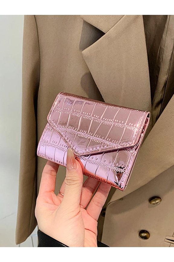 Pink-2 Metallic Croc-Embossed PU Leather Envelope Mini Bifold Wallet