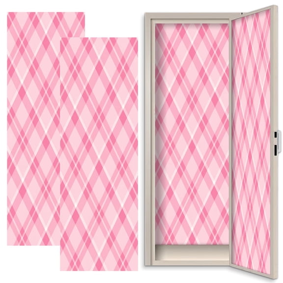 Pink 2 Pcs School Locker Magnetic Wallpaper for Girls 12" x 36" Pink Plaid Diagonal Checkered Reusable Removable Locker Accessories Back to School Supplies
