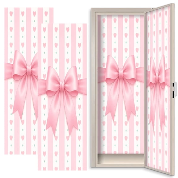 Pink 2 Pcs School Locker Magnetic Wallpaper for Girls 12" x 36" Pink Ribbon Bow Striped Heart Reusable Removable Locker Accessories Back to School Supplies