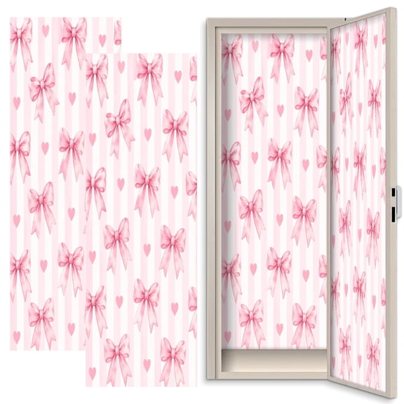 Pink 2 Pcs School Locker Magnetic Wallpaper for Girls 12" x 36" Pink Ribbon Bows Hearts Soft Pastel Striped Reusable Removable Locker Accessories Back to School Supplies