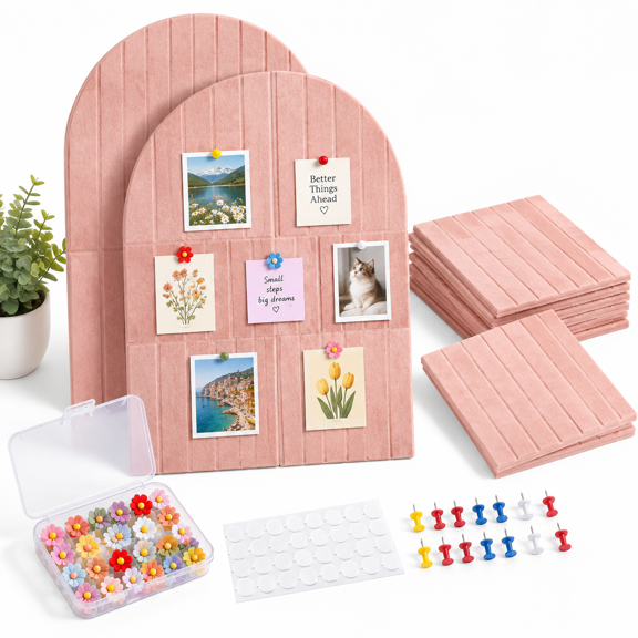 Pink 2-Piece Arched Modular Felt Bulletin Board Set with Tiles and Accessories
