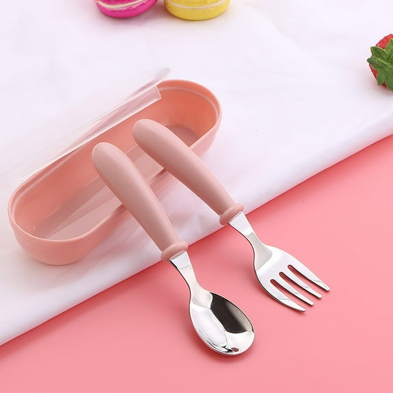 Pink 2-Piece Stainless Steel Baby Cutlery Set - Portable Spoon & Fork with Storage Box, Ergonomic Handle for Toddlers