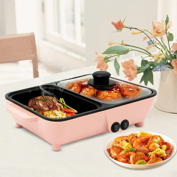 Pink 2 in 1 Electric Hot Pot Kitchen Smokeless Non-stick Baking Pan BBQ Grill