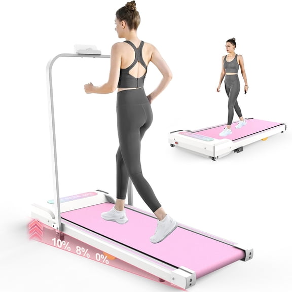 Pink 2 in 1 Portable Treadmill with Handle Remote Control LED Display, Walking Jogging Machine Under Desk Treadmill with Incline, Walking Pad