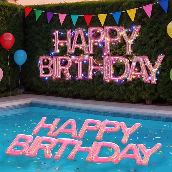 Pink 20'' Inflatable Happy Birthday Letter Balloons with LED Lights and Confetti