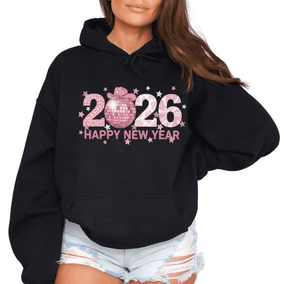 Pink 2026 Happy New Year Print Hoodie Graphic Sweatshirt Black S-2XL Tops