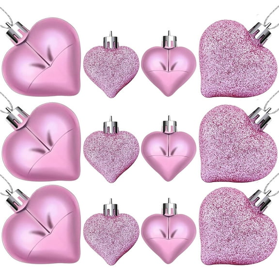 Pink 24 Pieces Heart Shaped Ornaments Set For Valentine Day Christmas Tree And Wedding Anniversary Decor Pink
