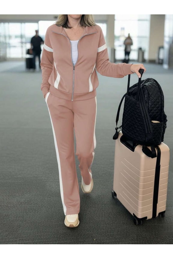Pink 25 Womens Athleisure Track Suit Set: Full-Zip Jacket & Straight Leg