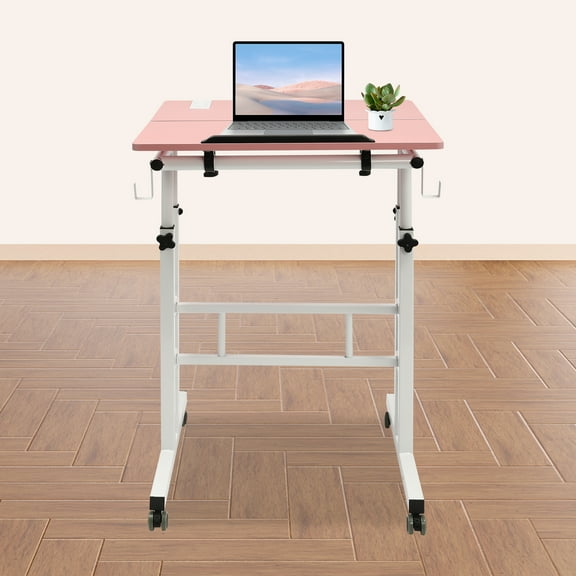 Pink 27.5-45.3in Adjustable Height Mobile Stand Up Desk Portable Rolling Desk Laptop Cart for Offices Home Office Areas