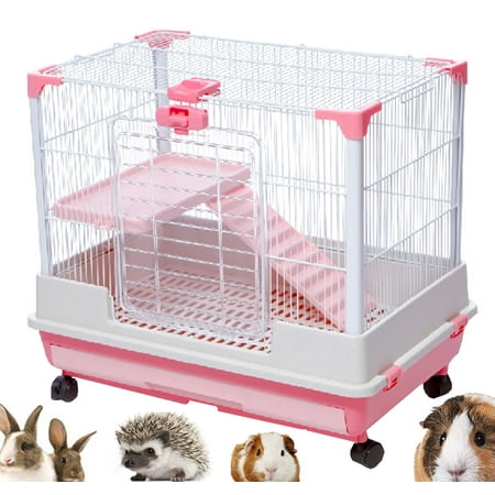 Pink 27”L 2-Level Deluxe Indoor Outdoor Small Animal Rabbit Guinea Pig Bunny Hedgehog Paw Safe Platforms with Anti-slip Ramp Pull Out Tray Rolling Cage