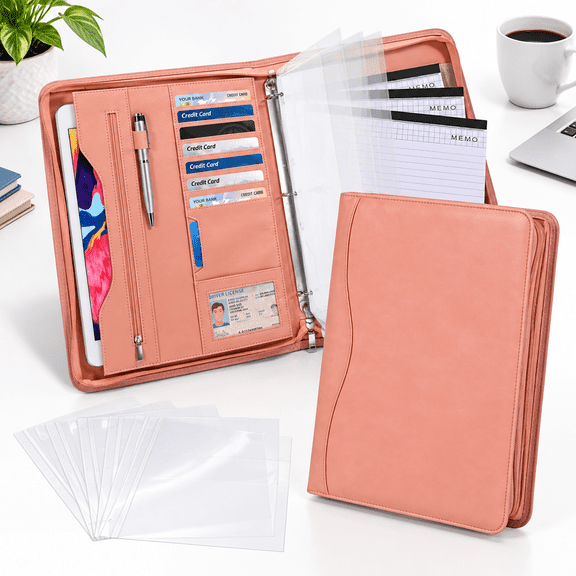 Pink-3 3-Ring PU Leather Padfolio Portfolio Binder Organizer