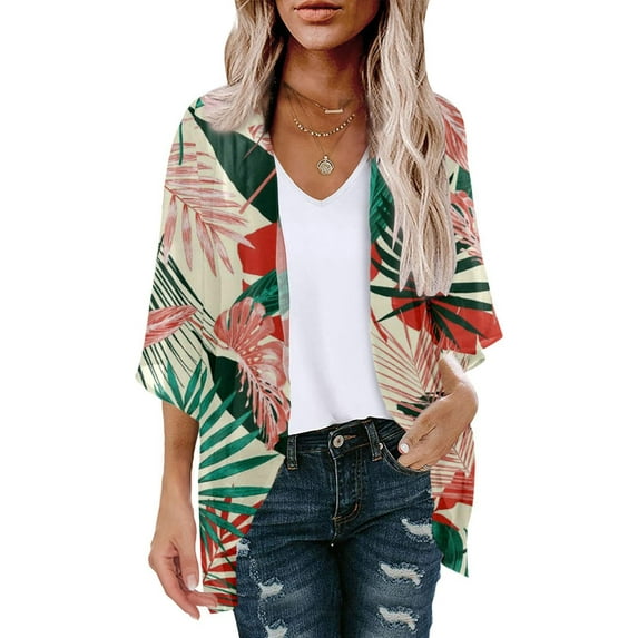 Pink 3/4 Sleeve Cardigan for Women Dressy,Kimono Cardigans for Women Summer Floral Print Puff Sleeve Chiffon Tops Lightweight Loose Cover Up Casual Blouse Tops