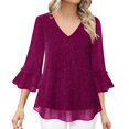 thumbnail image 1 of Pink 3/4 Sleeve Shirts for Women Glitter Tops Sequin V Neck Blouse Skirt Ruffled Sleeves Festive Blouses for Parties New Year's Outfits Fashion Clothing, 1 of 6