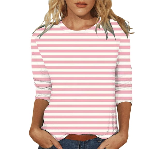 Pink 3/4 Sleeve Shirts for Women Tops for Womens Casual Summer Tops Three Quarter Sleeve Round Neck Tee T Shirt Printed Loose Side Split Blouse Fashion Clothing