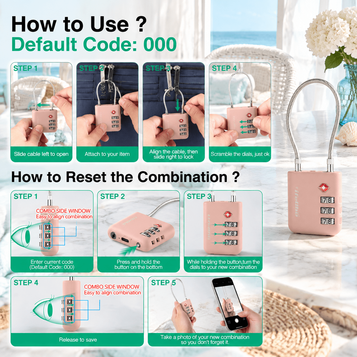 Pink 3-Digit Combination Luggage Lock with Tracking and Rechargeable ...