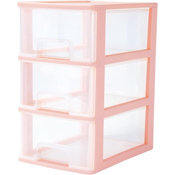 Pink 3 Layers Stackable Makeup Organizer Drawers Plastic Storage Small Supplies Units for Office Vanity Container Easy Drawers for Bathroom Bedroom Countertop Dresser (Pink-3T)