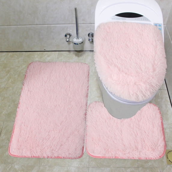 Pink 3-Piece Bathroom Rug Set, Non-Slip PVC Backing Absorbent Bath Rug, Soft Fluff Machine Washable Floor Mats for Bathtub, Shower & Toilet