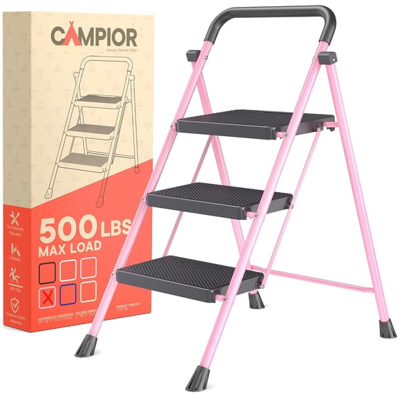 Pink 3 Step Stool Foldable – Heavy-Duty Foldable Step Stool for Adults, 500 lbs Capacity, Anti-Slip Feet & Wide Steps, Sturdy Steel Frame, Lightweight & Space-Saving Design for Home, Kitchen & Garage
