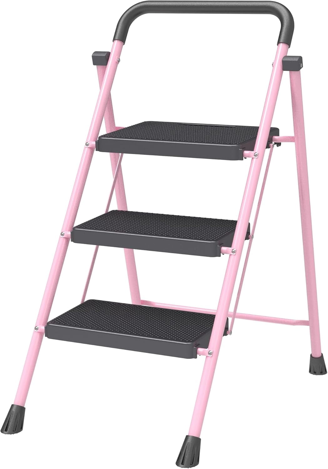 Pink 3 Step Stool Foldable – Heavy-Duty Foldable Step Stool for Adults, 500 lbs Capacity, Anti-Slip Feet & Wide Steps, Lightweight & Space-Saving Design for Home, Kitchen & Garage