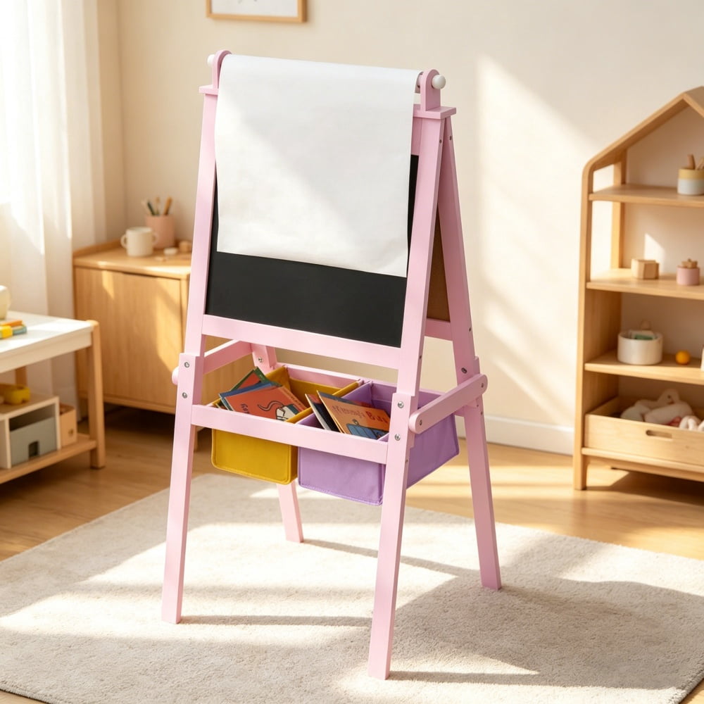 Pink 3-in-1 Kids Easel (Whiteboard + Blackboard + Paper Roll) - MDF A-Shape, with Storage Baskets & Drawing Paper, for 3+ Years Old