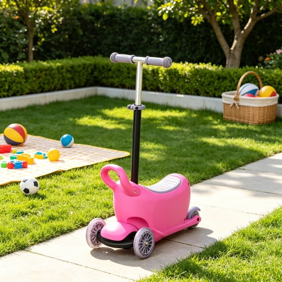 Pink 3-in-1 Ride on Push Car Kids Scooter Sliding Walker with Adjustable Handlebar 3 Balanced Wheels Removable Storage Seat for Ages 2-6