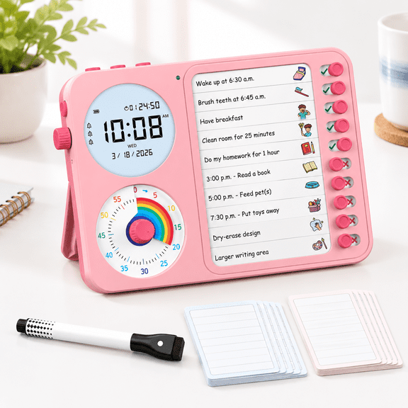 Pink 3-in-1 Visual Timer Digital Clock and Chore Chart Planning Tool