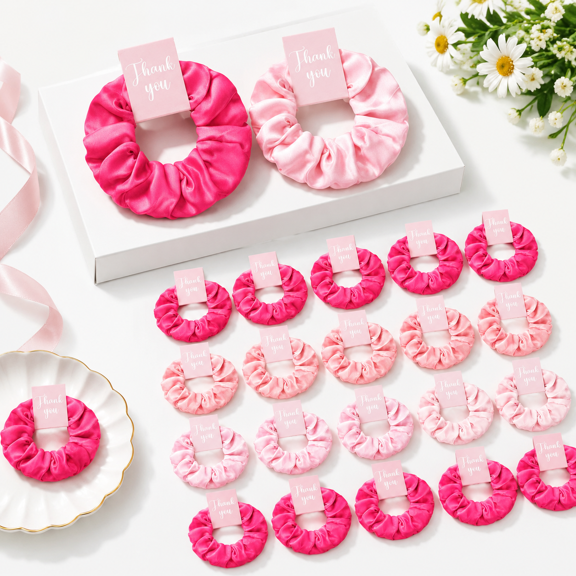 Pink 30-Pack Satin Scrunchies with Thank You Cards Bulk Gift Set
