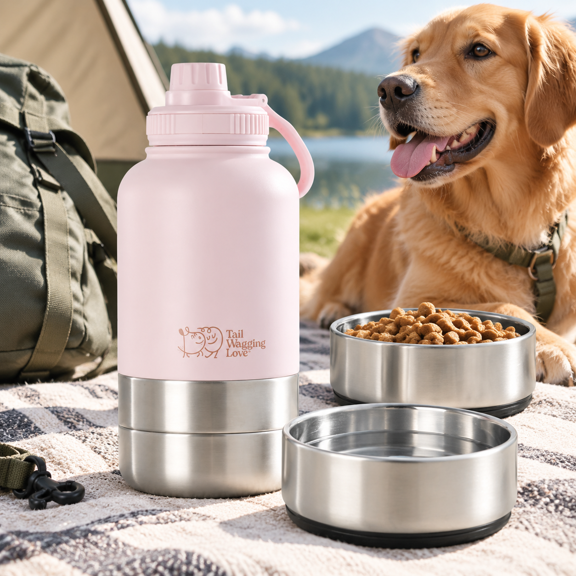 Pink 32oz 3-in-1 Travel Water Bottle for Dogs & Humans, Dual Stainless Steel, Leak-Proof