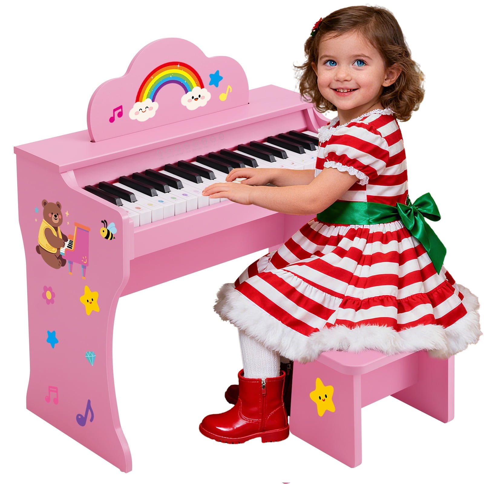 Pink 37Keys Kids Digital Piano Keyboards Wooden Toys for Toddlers Music Education w/Bench,Stickers