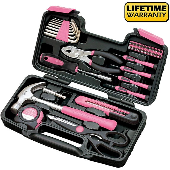 Pink 39-Piece Tool Set - General Household Hand Tool Kit with Plastic Toolbox Storage Case