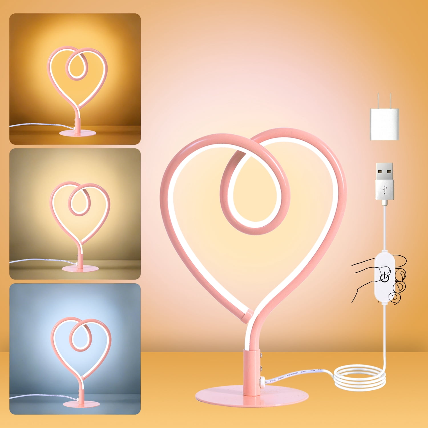 Sunnyin LED Lights Pink Table Lamp Heart Shape 3CCT USB Adapter Night Light
