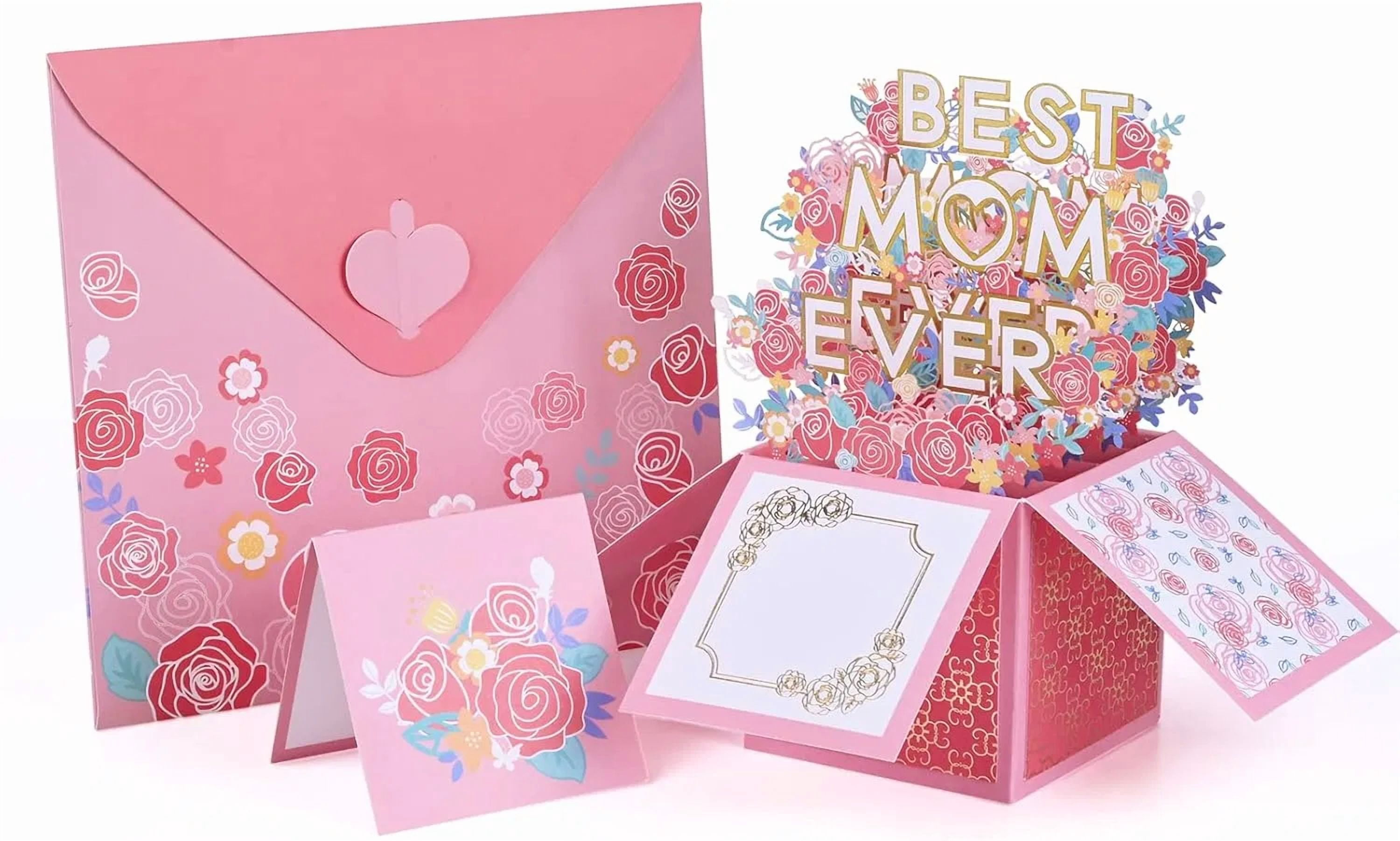 Pink 3D Pop-Up Mother’s Day Card, Best Mom Ever Flower Greeting Card with Envelope & Notecard for Mom Birthday