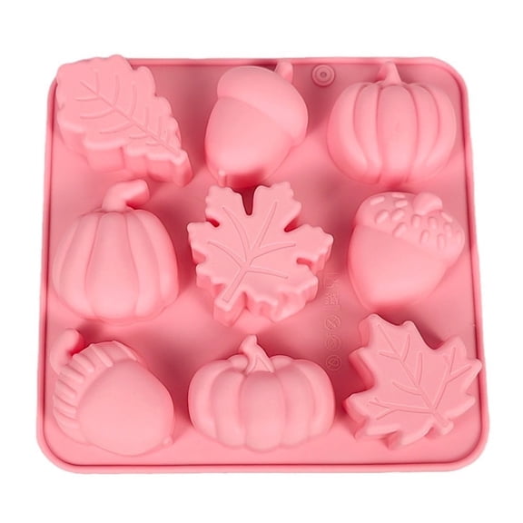 Pink 9-Cavity 3D Pumpkin, Acorn & Maple Leaf Silicone Mold - Fall Halloween Thanksgiving Candy Chocolate Cake Baking Mold