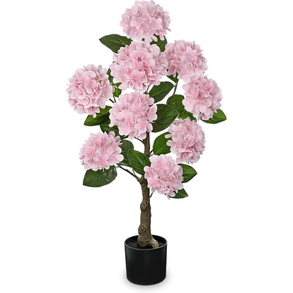 Pink 3ft Artificial Hydrangea Tree with Real Touch Faux Silk Flowers in Black Pot