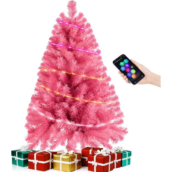 Pink 3ft Christmas Tree with Lights, Small 36inch Artificial Tree Mini Table Top Decorations, Xmas Desk Tree with 80 Colored Lights, 200 Branch, Holiday Decor for Home,Indoor Office Tabletop