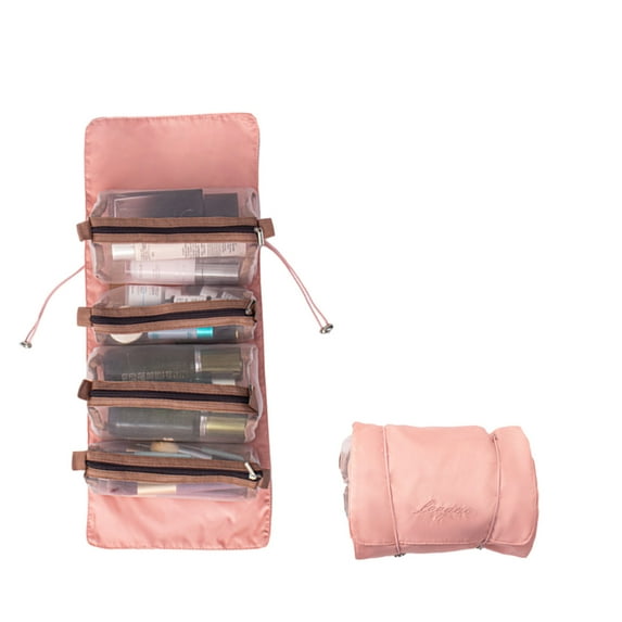 Pink 4 In 1 Detachable Mesh Makeup Bag Set Roll Up Travel Organizer 20.5X8.7 Inch For Cosmetics Toiletries Storage