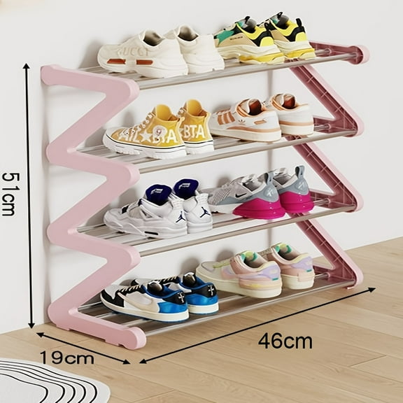 Pink 4-Layer Z-Shaped Shoe Rack - Durable Plastic, Zero Tool Assembly, Floor-Mounted, Easy to Stack | Modern Storage for Living Room/Bedroom/Entrance/Dorm