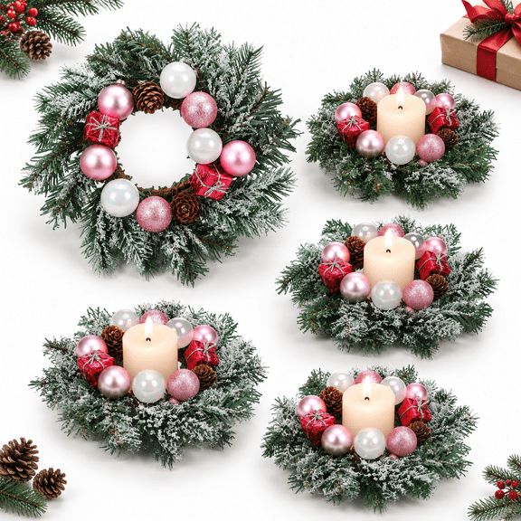 Pink 4 Pack 9 Inch Artificial Christmas Wreaths for Candle Rings, Table Centerpieces, Front Door Decor