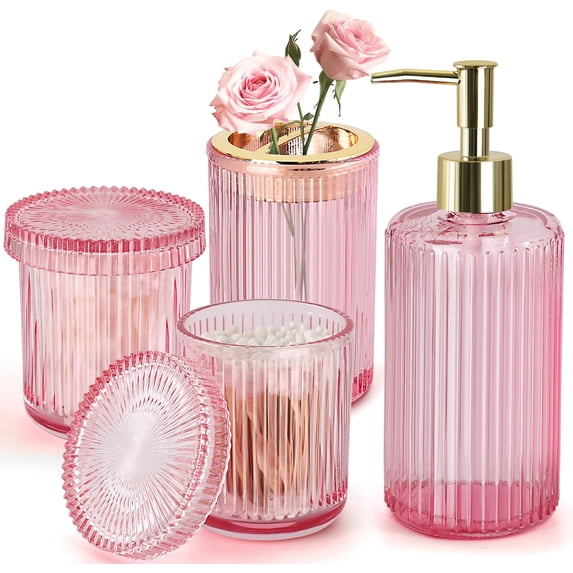 Pink 4-Pack Ribbed Glass Bathroom Accessory Set